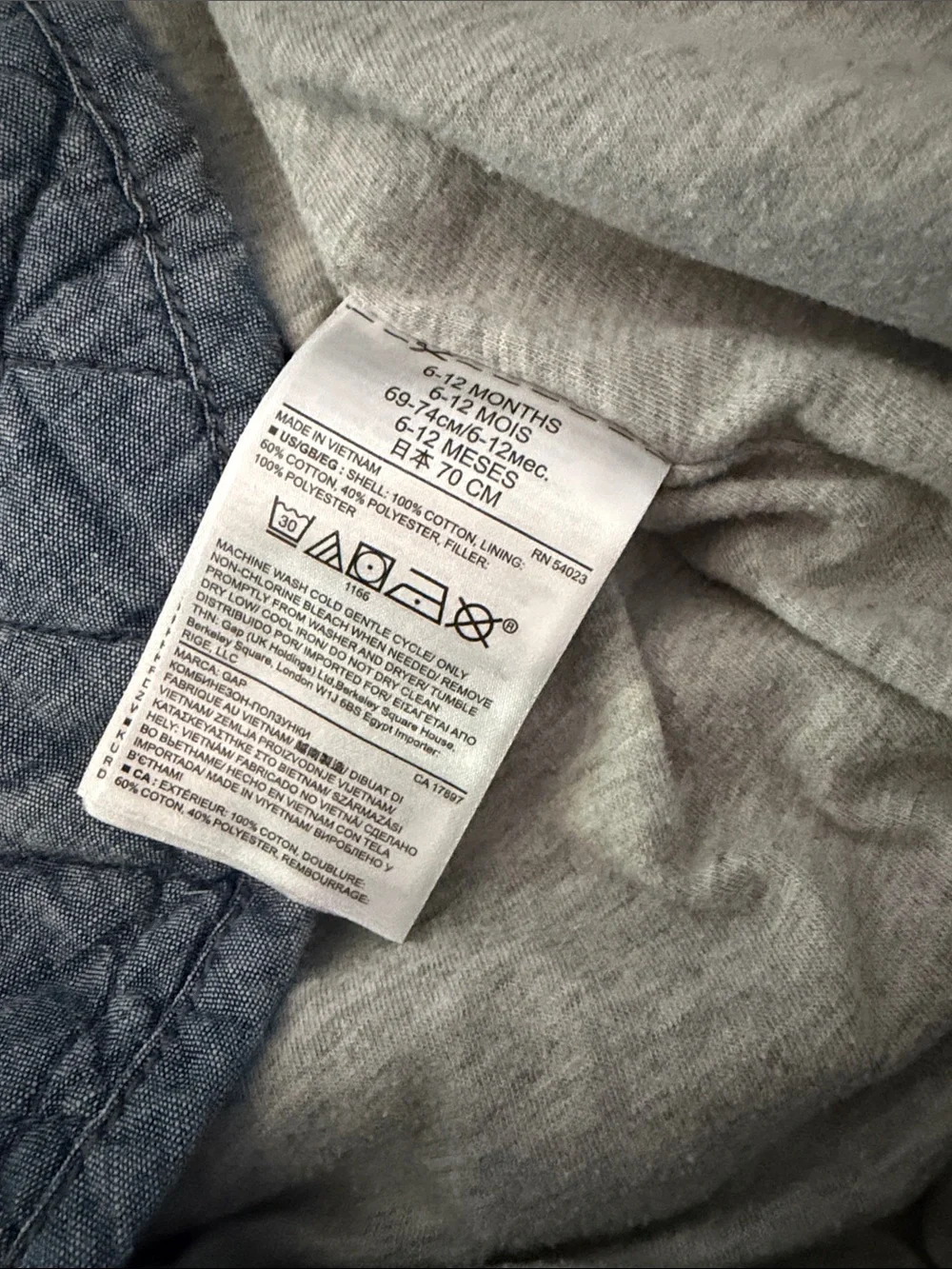 GAP | Quilted Denim-Blue Hooded Footed One-Piece | size 6-12 months